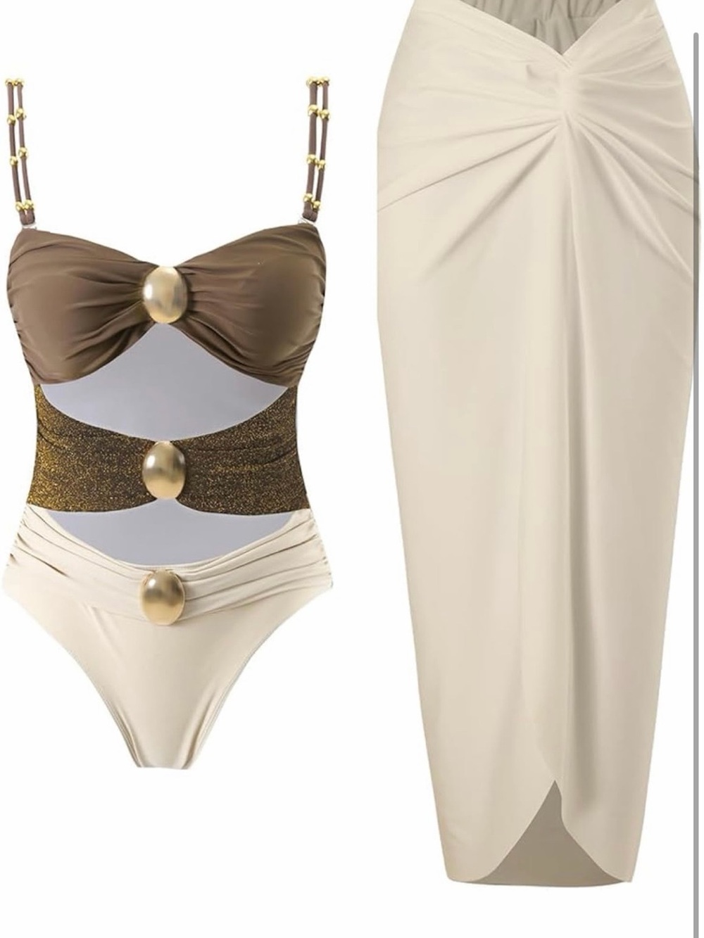 NWT: Beige & Brown Gold Accent Two-Piece Swim Set